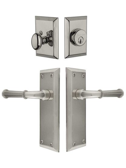 Grandeur Fifth-Avenue Entry Door Set, Keyed Alike with Georgetown Levers in Polished Nickel.